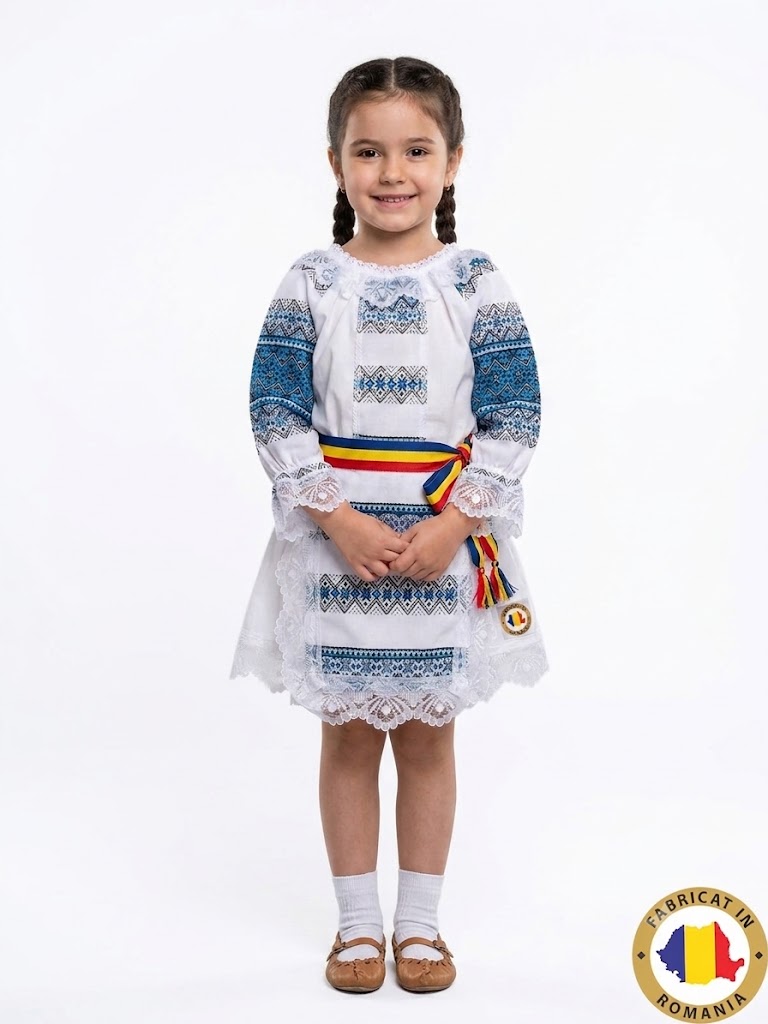 Rochita imprimeu romanesc albastra pentru fetite Rochita imprimeu romanesc albastra pentru fetite - imagine 1