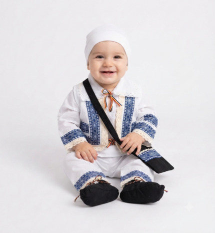 Costum popular traditional românesc culoare albastra